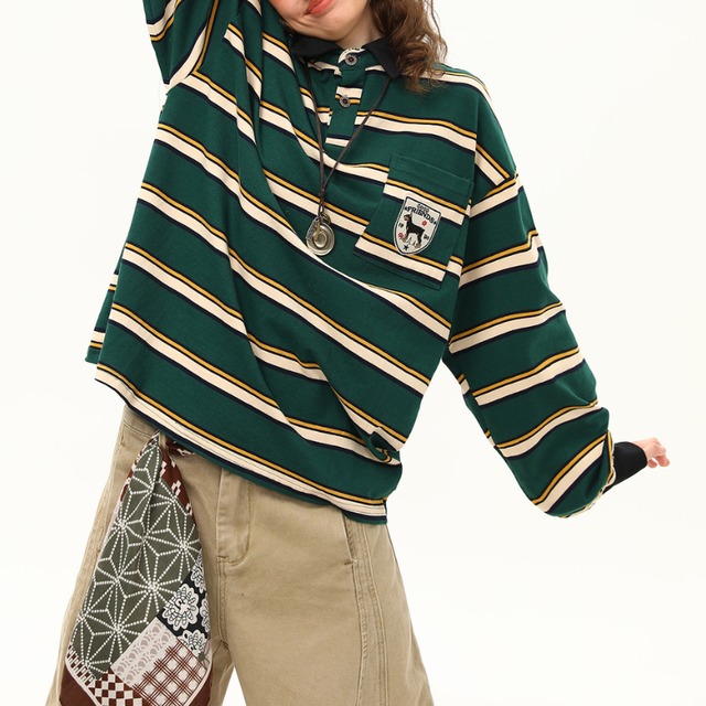 dog patch border polo long tee　ドッグワッペンボーダーポロロングティー　J1504