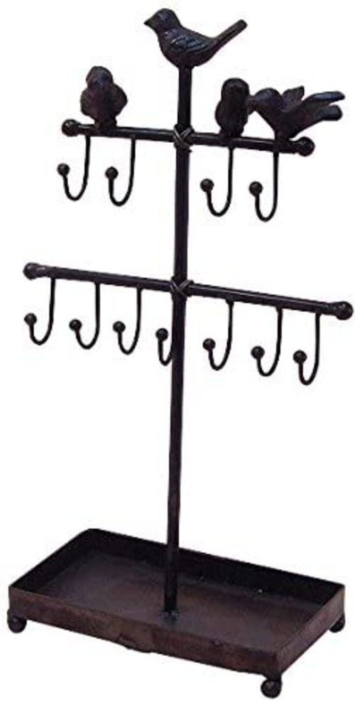小鳥がかわいいアンティーク調アクセサリースタンド 22×10×高さ39cm クロス2段 無垢の鉄製で重量感 カギ、ネックレスやピアスなどアクセサリーを飾ると素敵 エンヴェールヘルック