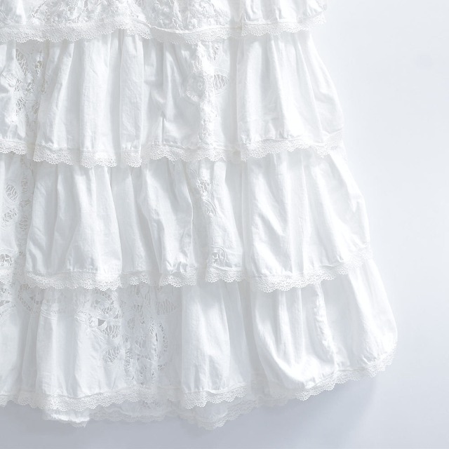 Remake リメイク ハンドメイド レース 刺繍 テキスタイル パッチワークデザイン ティアード ロングスカート 再構築 裏地付き ホワイト レディース W64～86cm