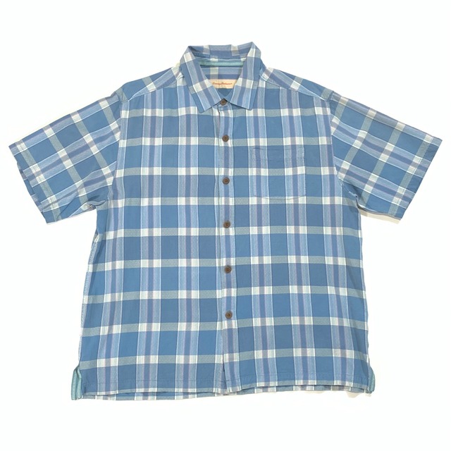 8837 Tommy Bahama 半袖シャツ シルクシャツ 格子柄 水色 L