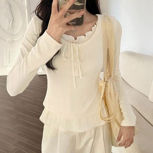 カップ付き レイヤード風 Tシャツ レディース 春秋 韓国 おしゃれ 大人 かわいい 長袖 トップス カジュアル 重ね着 フリル リボン 大人可愛い 大人女子