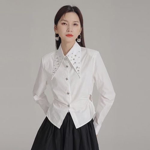 【J.Fashion】 2025新品 長袖 ブラウス リベット飾り ショート レディース シャツ 関連商品は店で購入可能 福袋