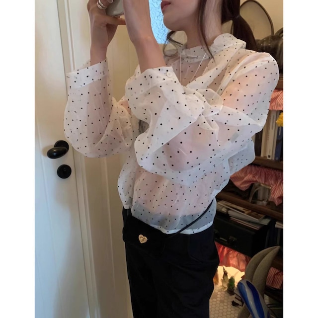 Lace-up chiffon polka dot spring shirt