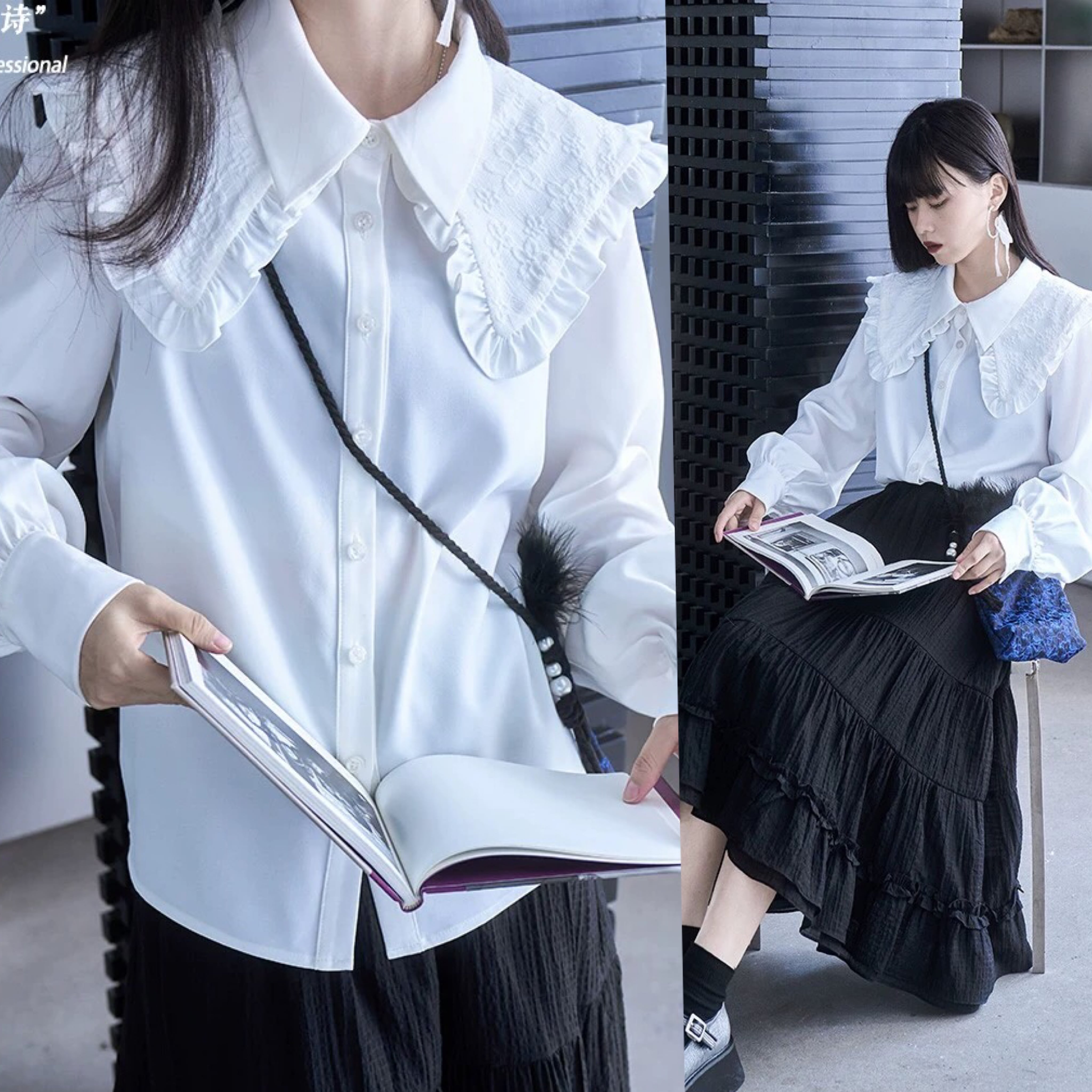 ブラウス モード 白 シャツ トップス カジュアル 襟 ワンピース