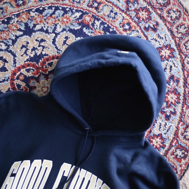 "Champion" front print design over silhouette navy sweat parka