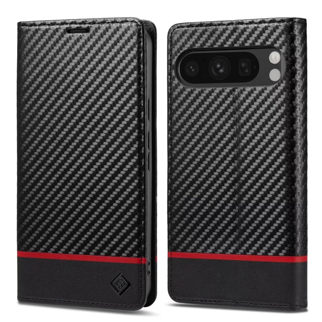 FOR Pixel 10/10 Pro ケース 手帳型 FOR ピクセル 10 プロ 手帳 ケース 炭素繊維テクスチャ マグネット開閉式 軽量 薄型 カード収納 スタンド機能 耐衝撃 汗や指紋防止 ビジネス 上質 高級な炭素繊維風 横のライン