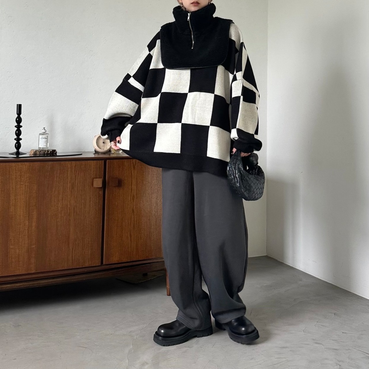 裏起毛ルーズスウェットカーブPT/チャコール