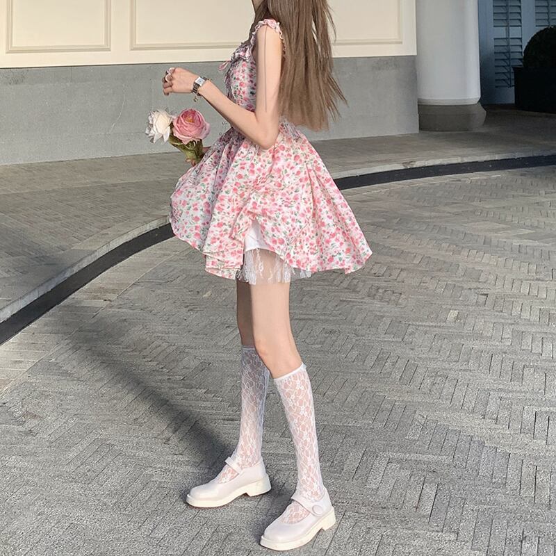 フローラルドレス ショートスカート サマー ピンク ふわふわ 夏物 花柄 ブラックストロベリース93513676246