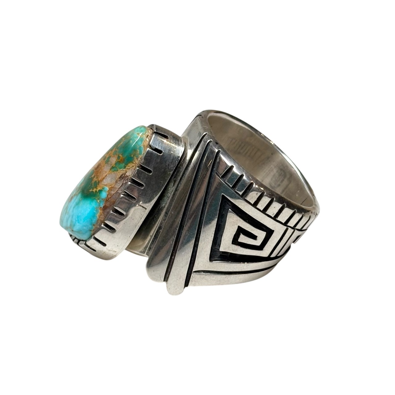 Hopi Roy Talahaftewa overlay silver ring set with Royston turquoise