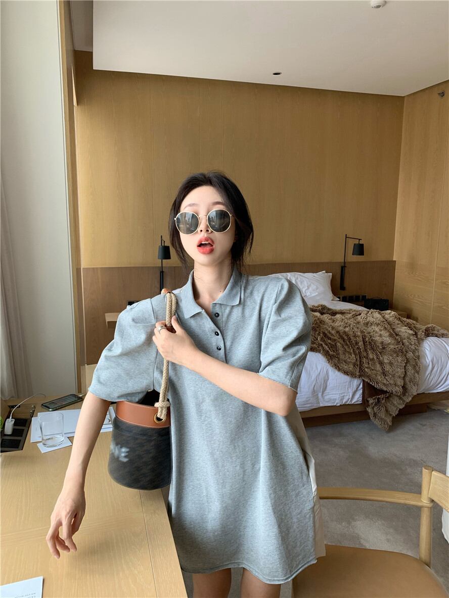 カラースリーブTシャツ ドレス サマーショートスカート カジュアルルーズスリム 夏物 ブラックストロベリース53401468682