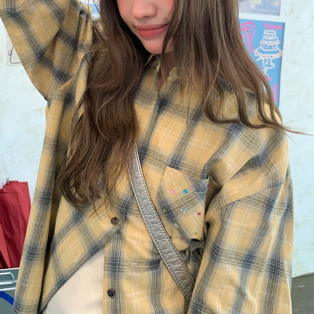 patch pocket stone check shirt J00147