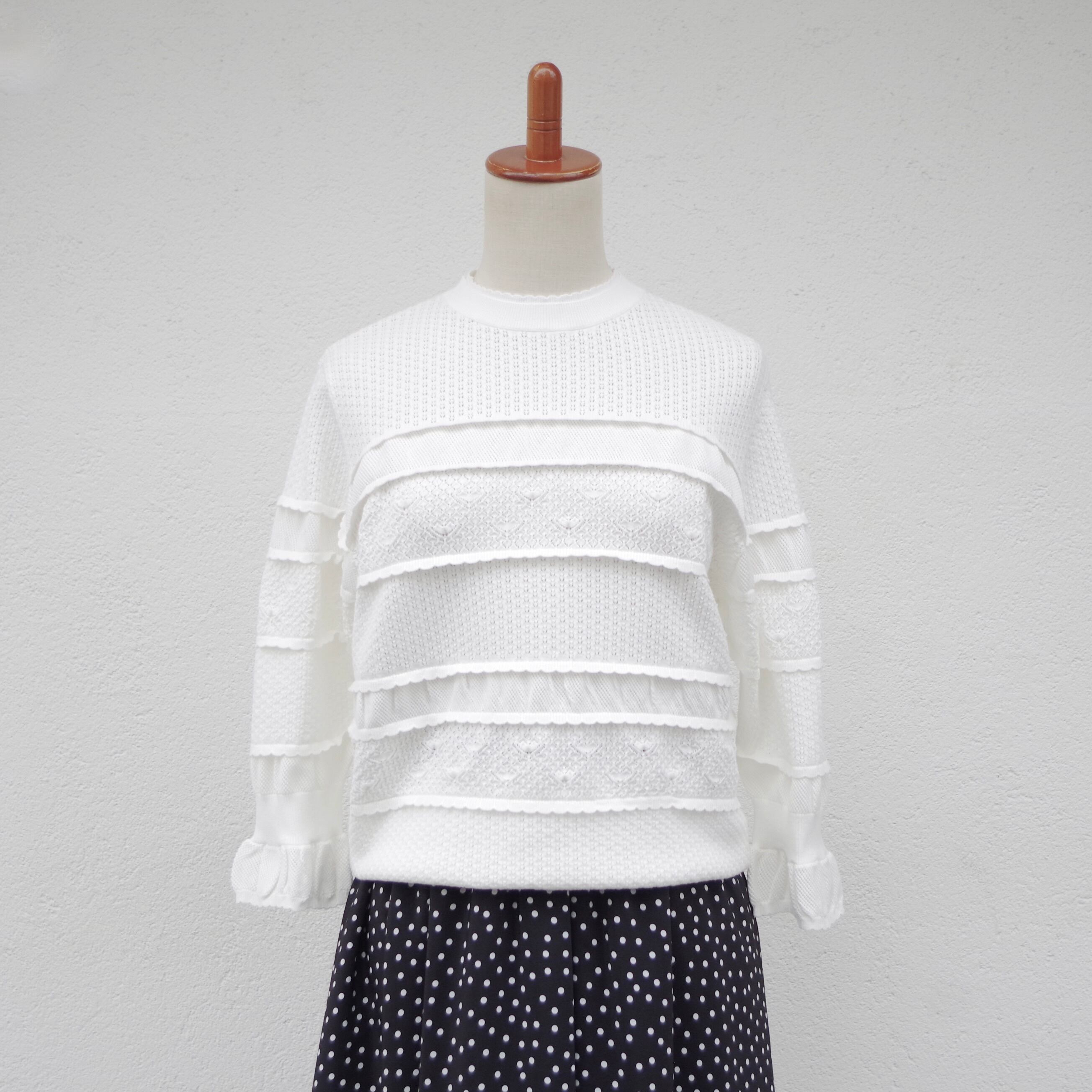 Pale Jute レースボーダーニット 白 Pale Jute Lace Border Knit White | 1F Store