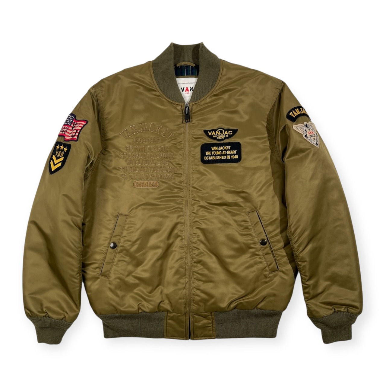 美品 VAN JAC ヴァンヂャケット アーチロゴ フルデコ ワッペン MA-1 フライトジャケット サイズ L /カーキ