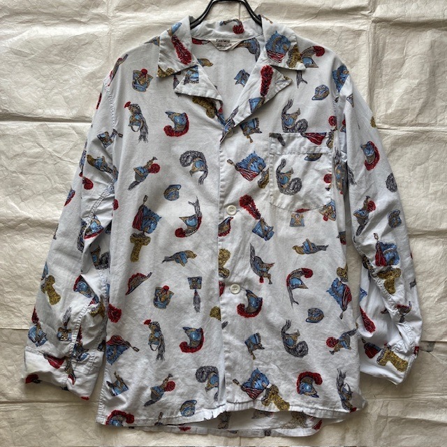 Pleetway プリートウェイ パジャマシャツ 50s 軍帽柄 総柄 オープンカラー ヴィンテージ古着 M〜L