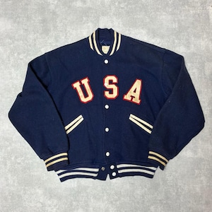 70s FELCO スタジャン USAパッチ ブルー　アメリカ製 ウール