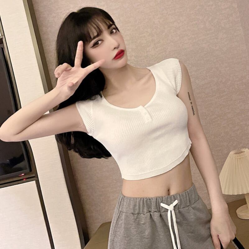 サマースタイルVネックショートスリムクロップドニットトップス レディース 夏物 ハンチェンe27364548711