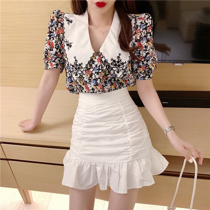 サマースタンダード刺繍フローラルブラウス スカート レトロ 夏物 花柄 ハンチェンe91147487271