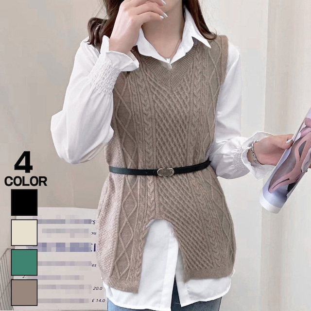 ニット ベスト 長袖 シャツ レディース トップス 2点セット きれいめ 大人 かわいい おしゃれ 春秋冬 カジュアル 大人可愛い 大人女子
