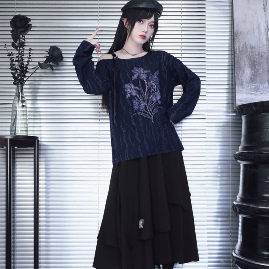 深淵に潜むアイリス 破洞ダメージのサブカル地雷系露肩長袖Tシャツ