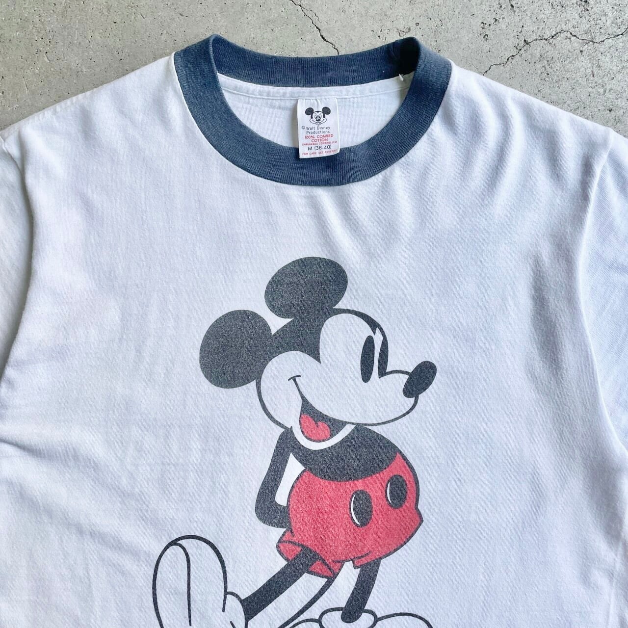 70年代 Disney ミッキーマウス 染み込みプリント リンガーTシャツ メンズM相当 古着 70s ビンテージ ヴィンテージ ディズニー  MICKEY キャラクター ホワイト ネイビー 白 紺色【Tシャツ】 | cave 古着屋【公式】古着通販サイト