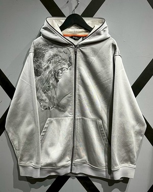 【X VINTAGE】Lion Print × Embroidery Design Full Face Zip Gimmick Loose Hoodie