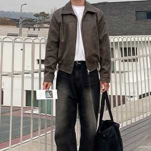 レトロショートブラウンフェイクレザーブルゾン　994