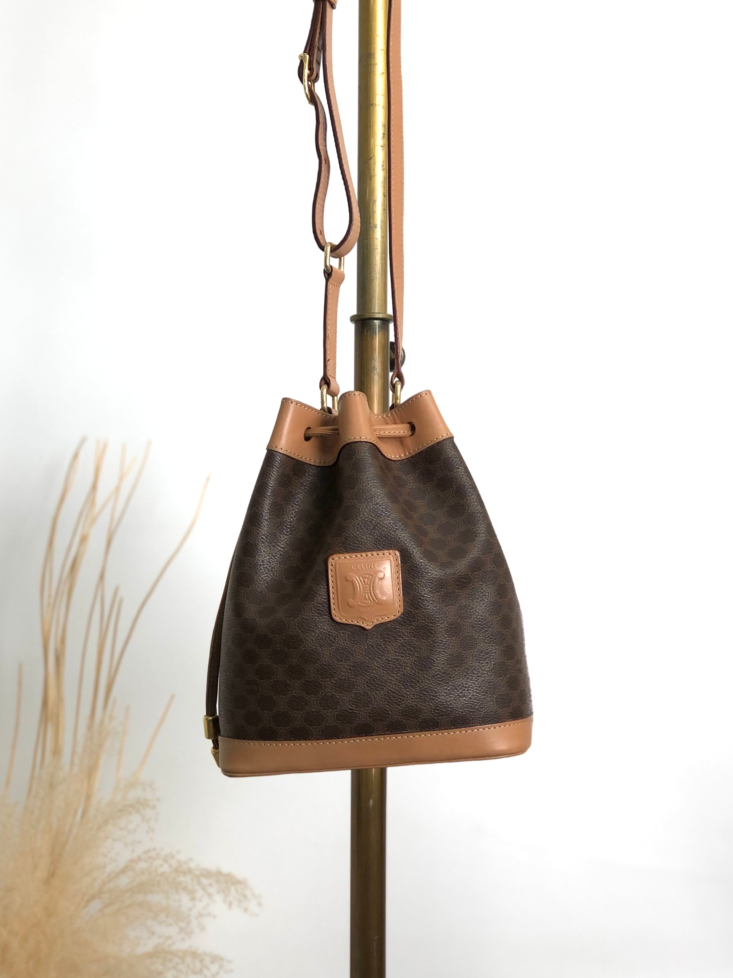 CELINE セリーヌ マカダム ショルダーバッグ ブラウン ブラゾン型押し PVC レザー 巾着 ミニバッグ vintage ヴィンテージ オールド xfu8ij