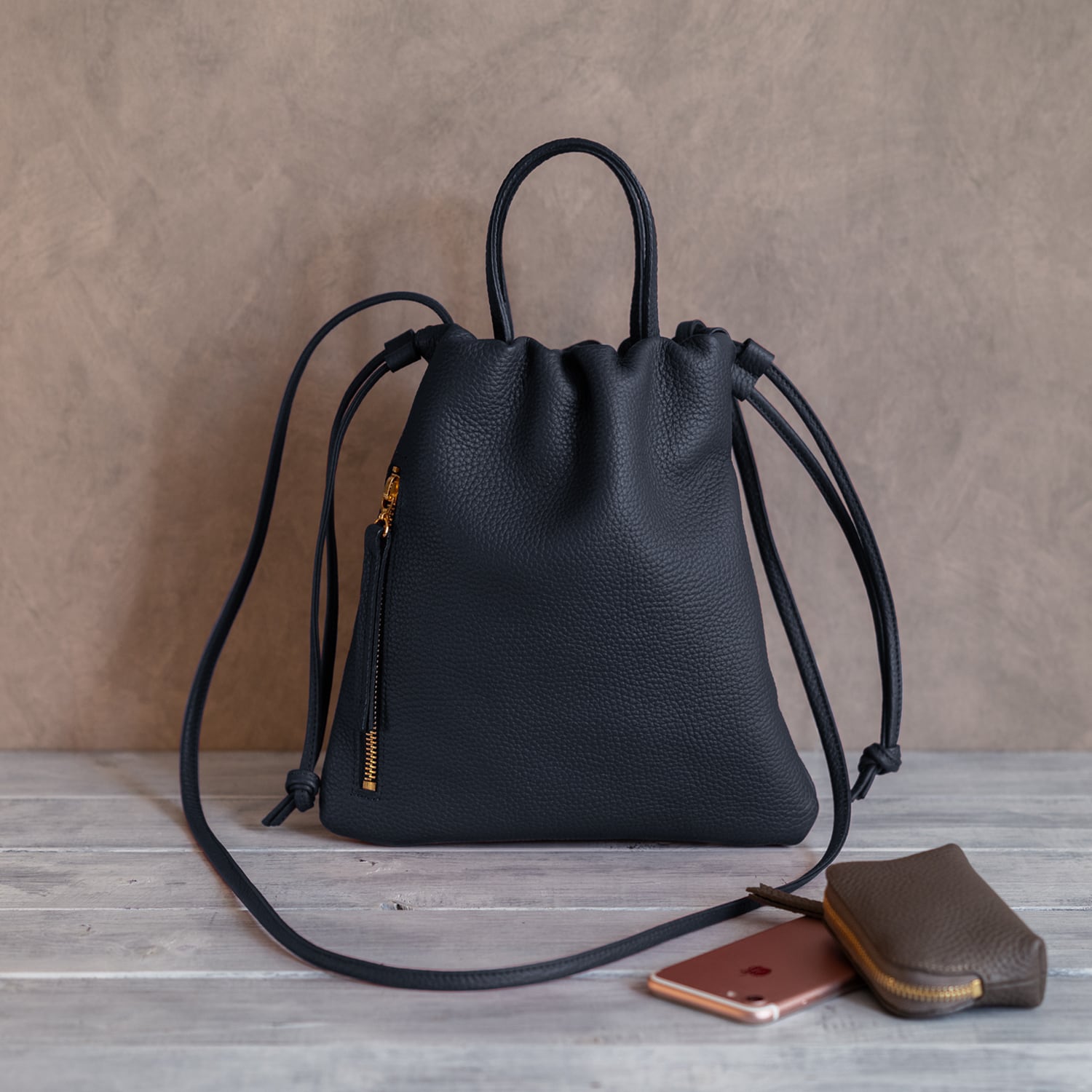 縦長巾着 2WAY ポシェット本革シンプル ショルダーバッグ | chouchou