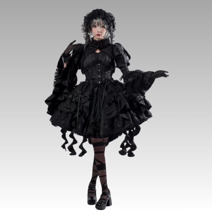 ゴスロリ 重厚ジャガード多段フリルドレス コルセット仕様 黒白｜納期4