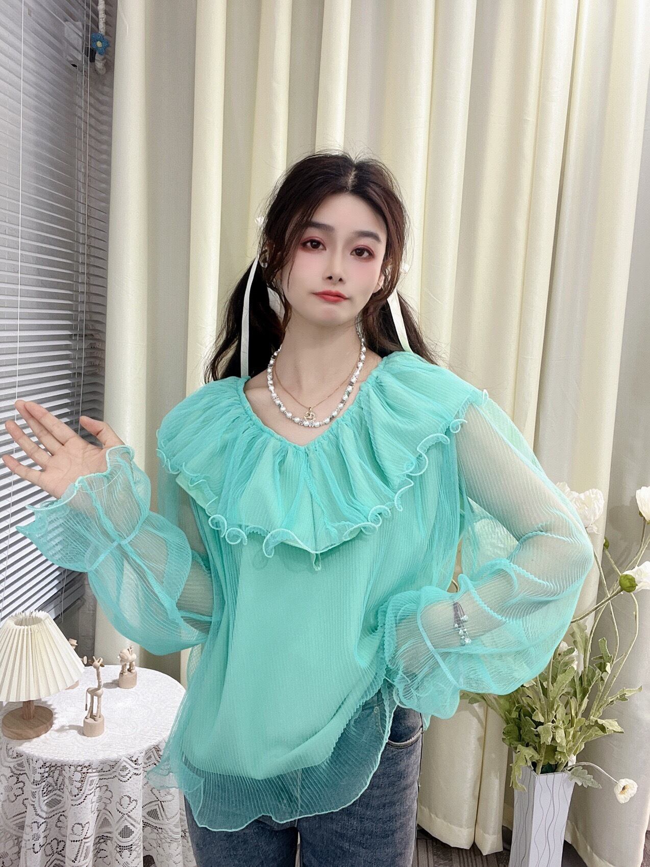 ブラウス シースルー 緑 黄色 トップス 可愛い シンプル シャツ