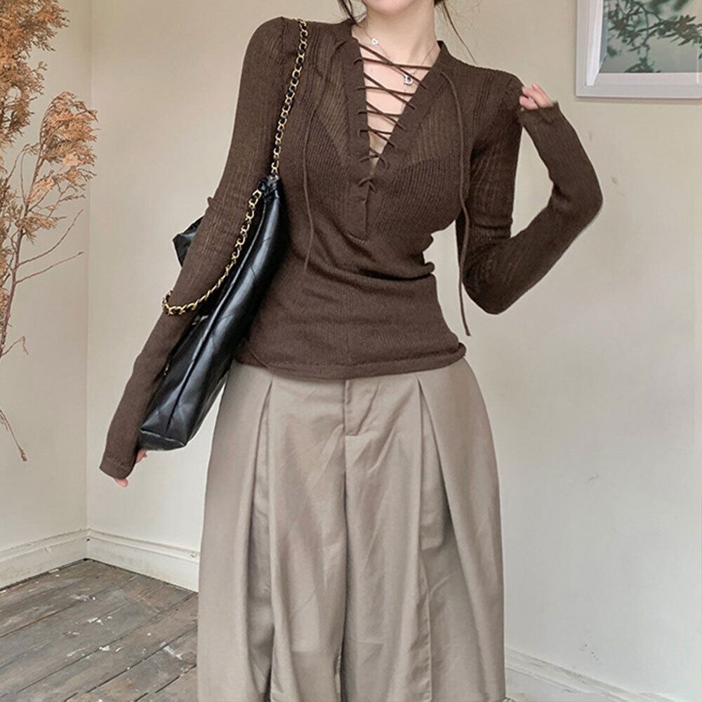 【送料無料】 Vネック レースアップ ニット トップス 長袖 レディース 春秋 韓国 肌見せ きれいめ 大人 かわいい おしゃれ 薄手 透け感 大人可愛い 大人女子