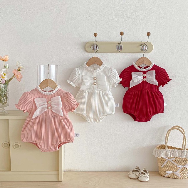 【BABY】大きなリボン付フリル襟パフスリーブ半袖リブロンパース - 9