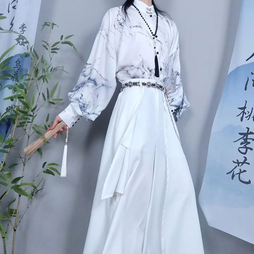 中華 モード 墨 絵 風 ユニセックス シャツ｜マーブル 柄 チャイナ