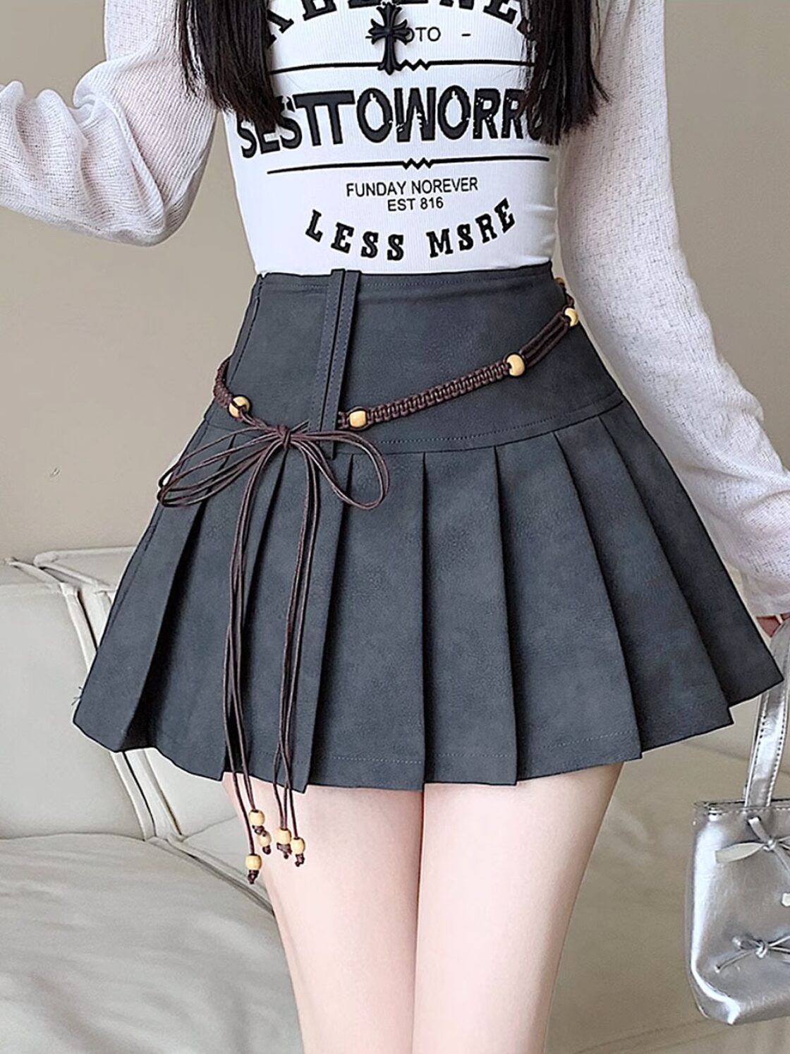 NOTKNOWING ベルトレザープリーツスカート 黒 ミニスカート ショート丈  