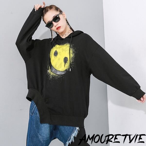 レディース トップス パーカー おしゃれ 個性 ニコマーク アシンメトリー オーバーサイズ 個性派ファッション 2609 Amouretvie 韓国系 モード系 個性的ファッションの通販サイト