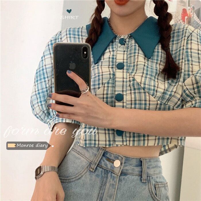 スタンダード格子柄ショートシャツ トップス サマー薄手 レトロ 夏物 モンロー87785183446