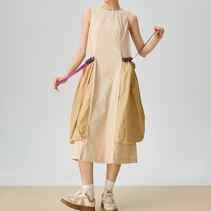 ボリュームポケットcontrast colorノースリーブワンピ (kai1168)