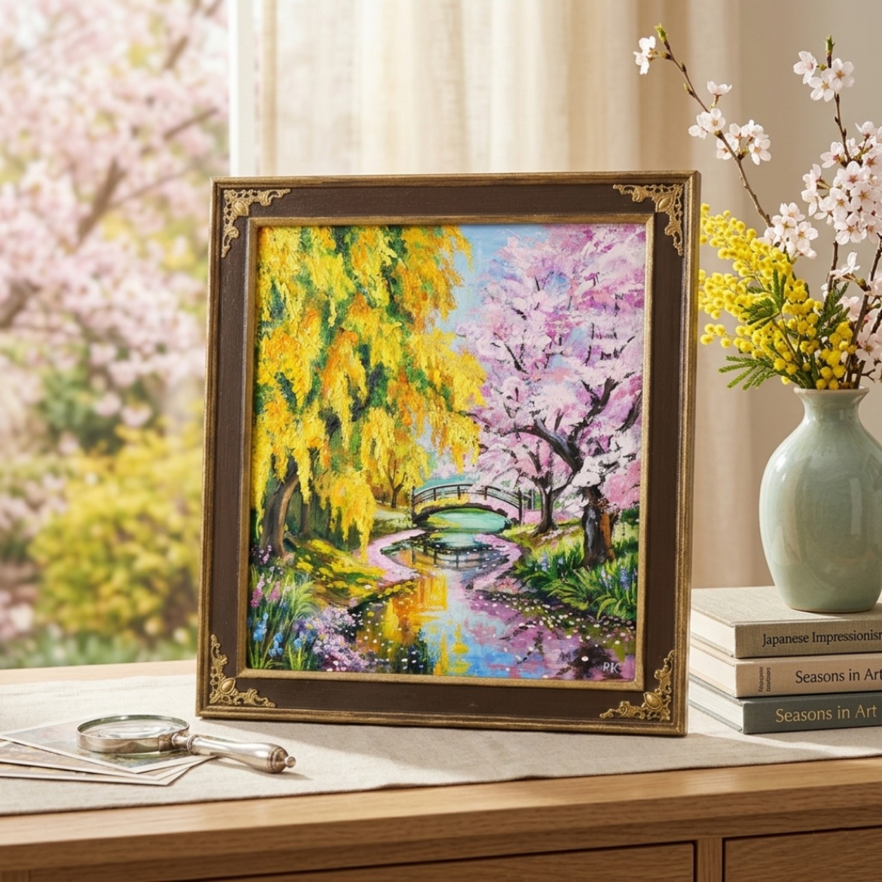 油絵 原画「陽だまりの庭園 〜桜とミモザの咲く日〜」 手描き 一点物