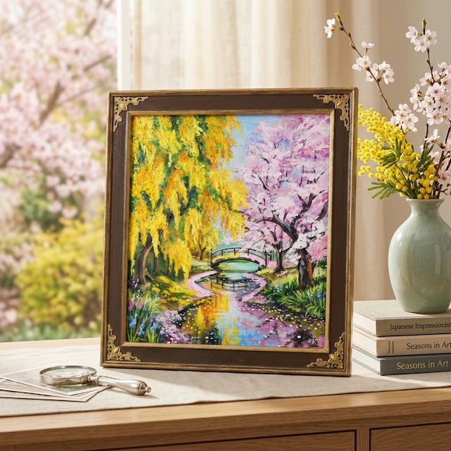 油絵 原画「陽だまりの庭園 〜桜とミモザの咲く日〜」 手描き 一点物 油絵 原画「陽だまりの庭園 〜桜とミモザの咲く日〜」 手描き 一点物