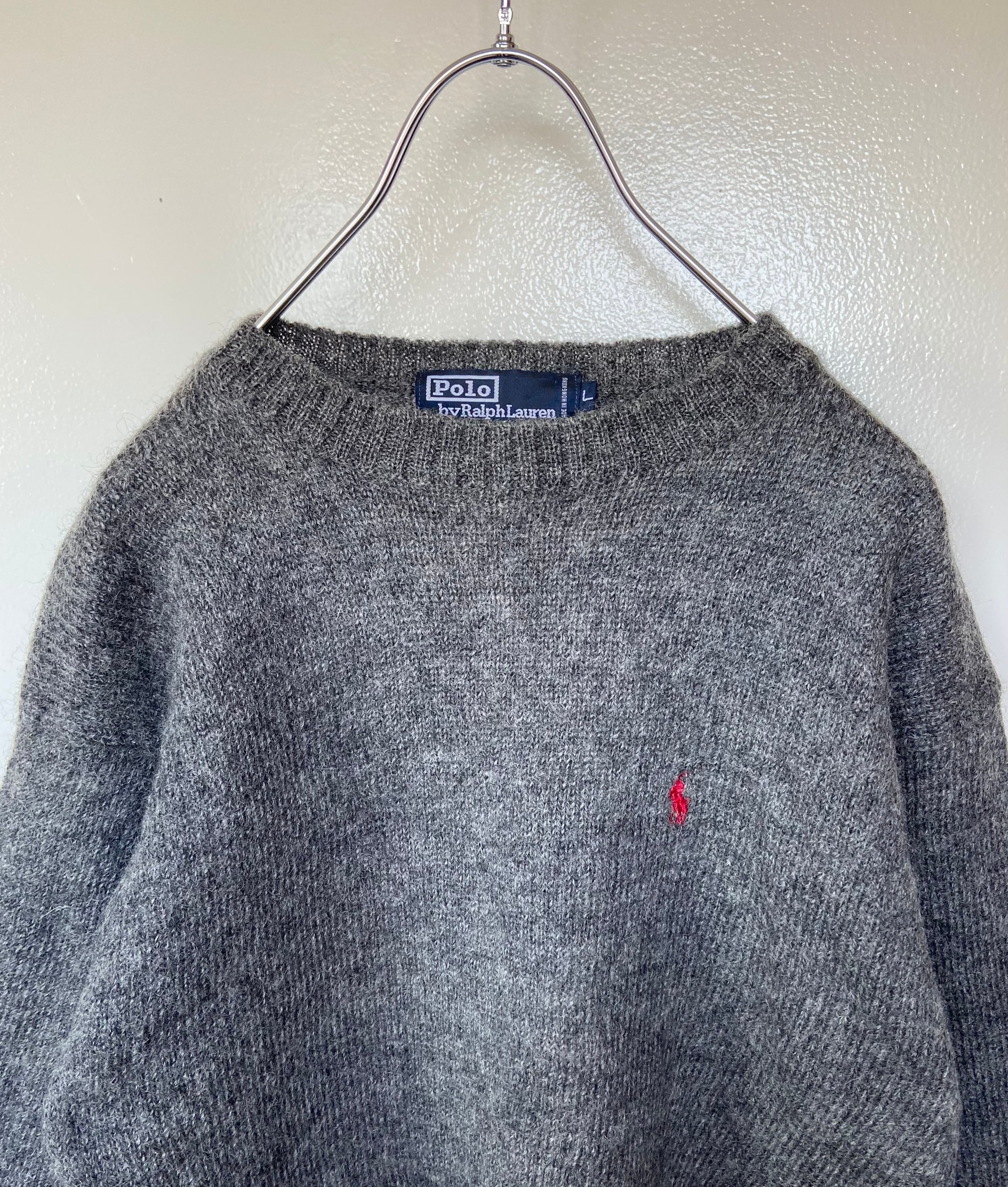 90s古着 POLO Ralph Lauren/ポロラルフローレン グレー ニット 100%ウール素材 赤刺繍