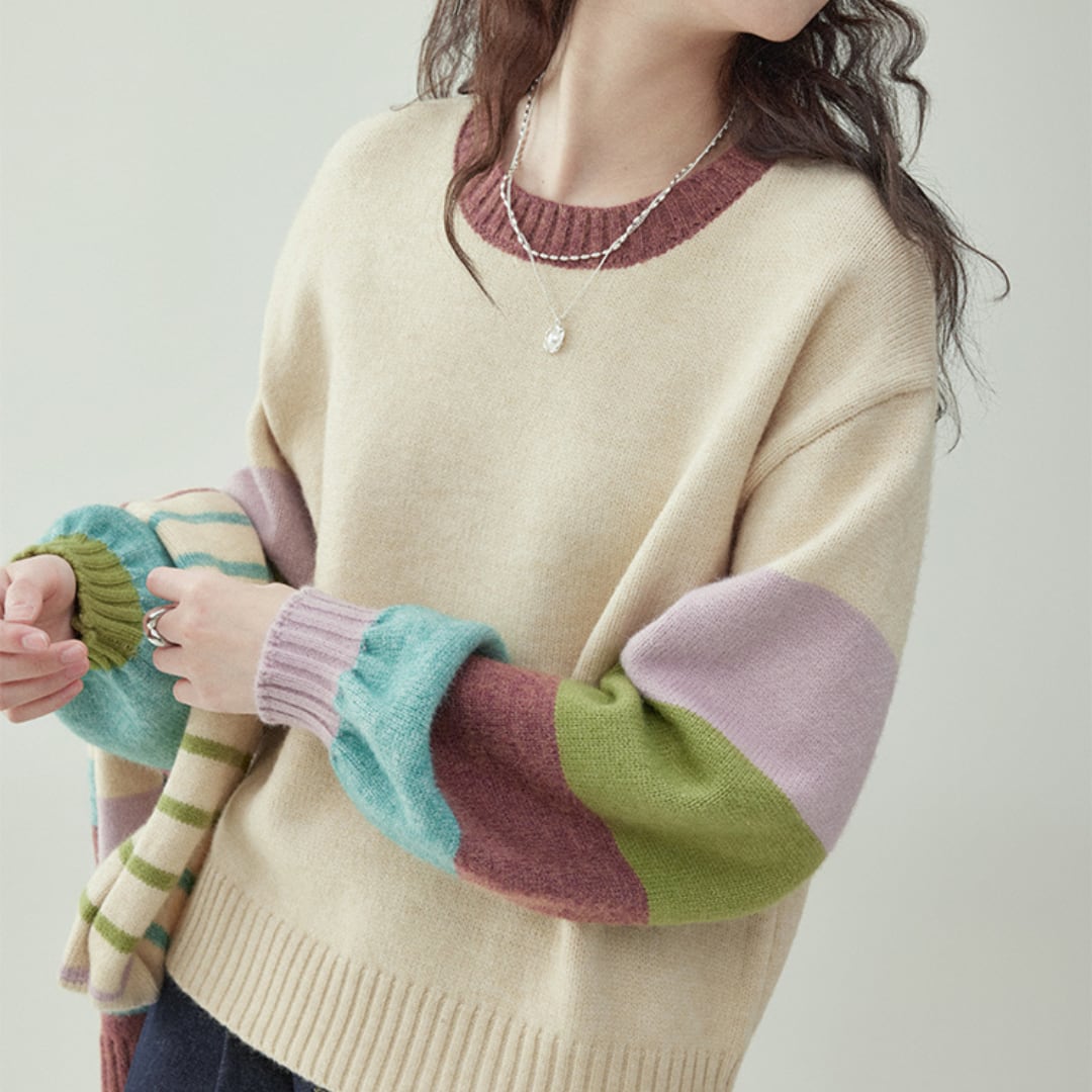 contrast color round neck scarf sweater