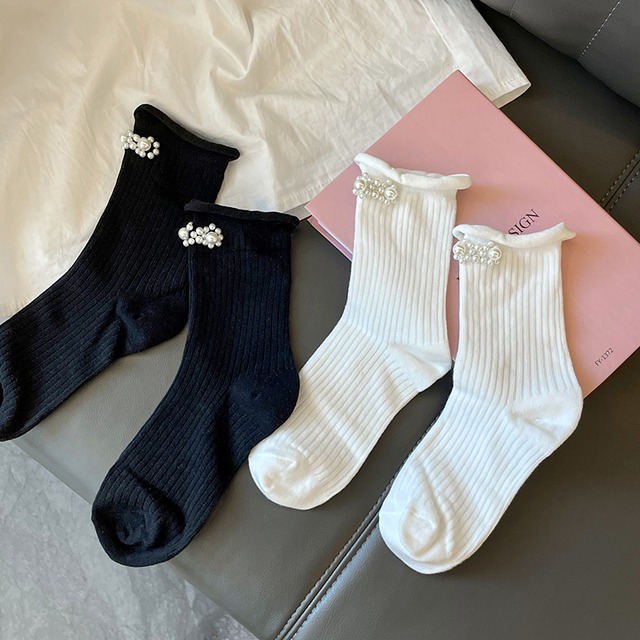 ソックス コットン 大人ガーリー スウィート キュート カジュアル タイツ ストッキング ピュア パール 真珠 フェイクシューズ15461359378