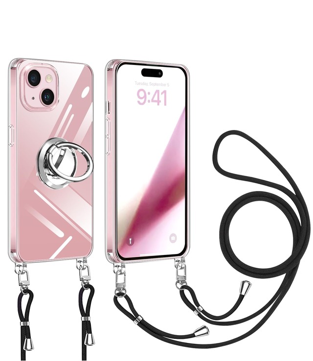 iPhone 15 Plus 用 ケース クリア ショルダー リング付き iphone15plus 用 スマホケース 多機能スタンド アイフォン15Plus カバー 肩掛け 斜めかけ 縄掛けケース 透明 PC+TPU 薄型 軽量 耐衝撃 長さ調整可能 取り外し可能 ネックストラップ ショルダー ケース 落下防止 紛失防止 (クリア)