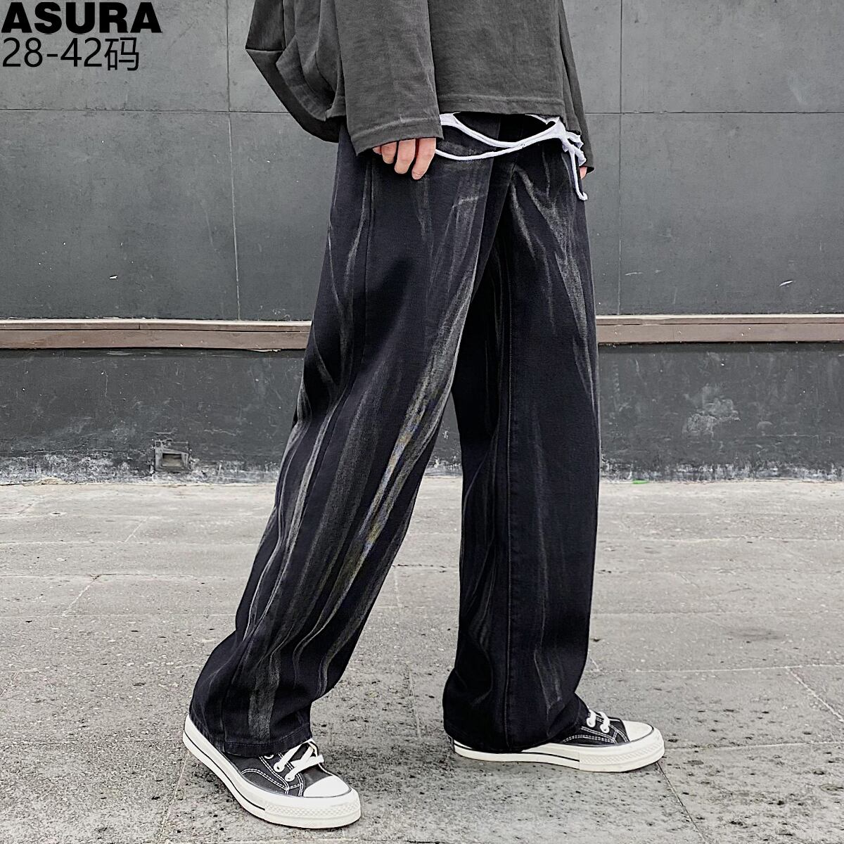ジーンズ カジュアルスプリングブラック ストリート 大きめサイズ 春物 ASURAプラスサイズメンズ24025932869
