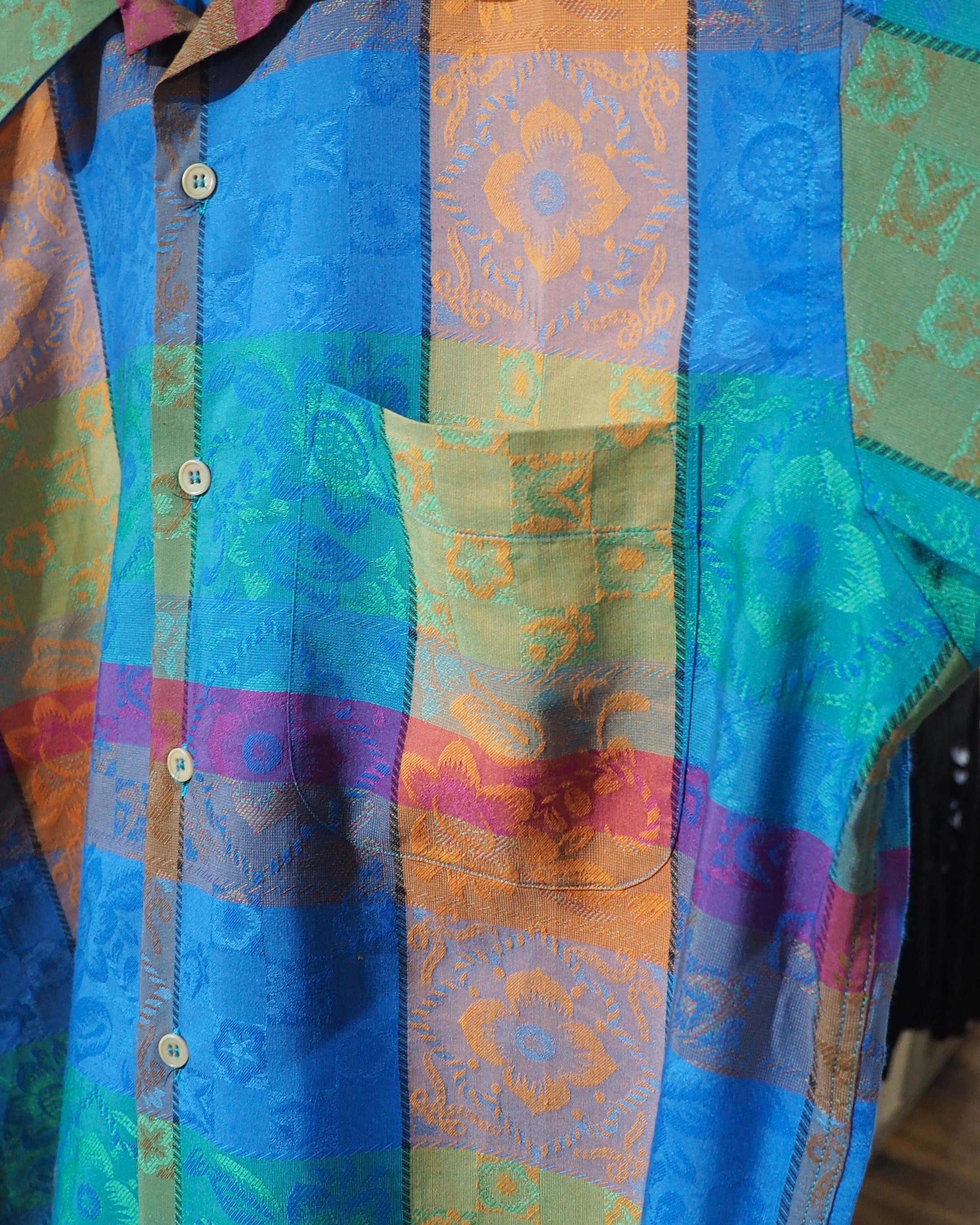 " Made in Italy " Multi color Block × Beautiful Flower Embroidery vintage Open collar Shirt