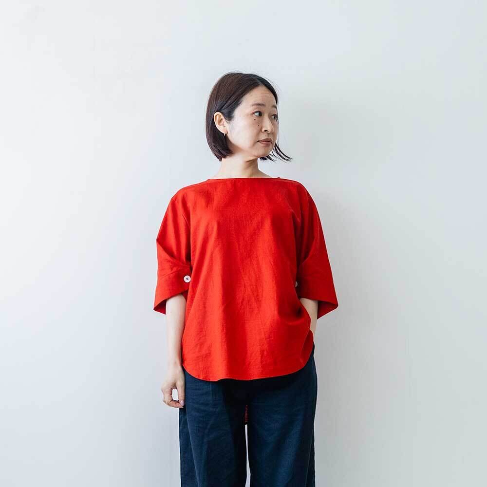 CLOCHE 綿麻5分袖ボタンプルオーバー