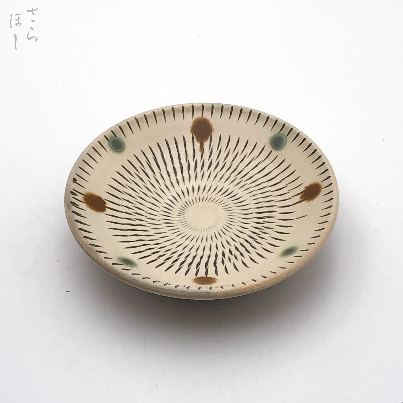 小鹿田焼 小袋窯 4.5寸皿 飛びかんな 赤青ドット 直径約13cm 小皿 陶器