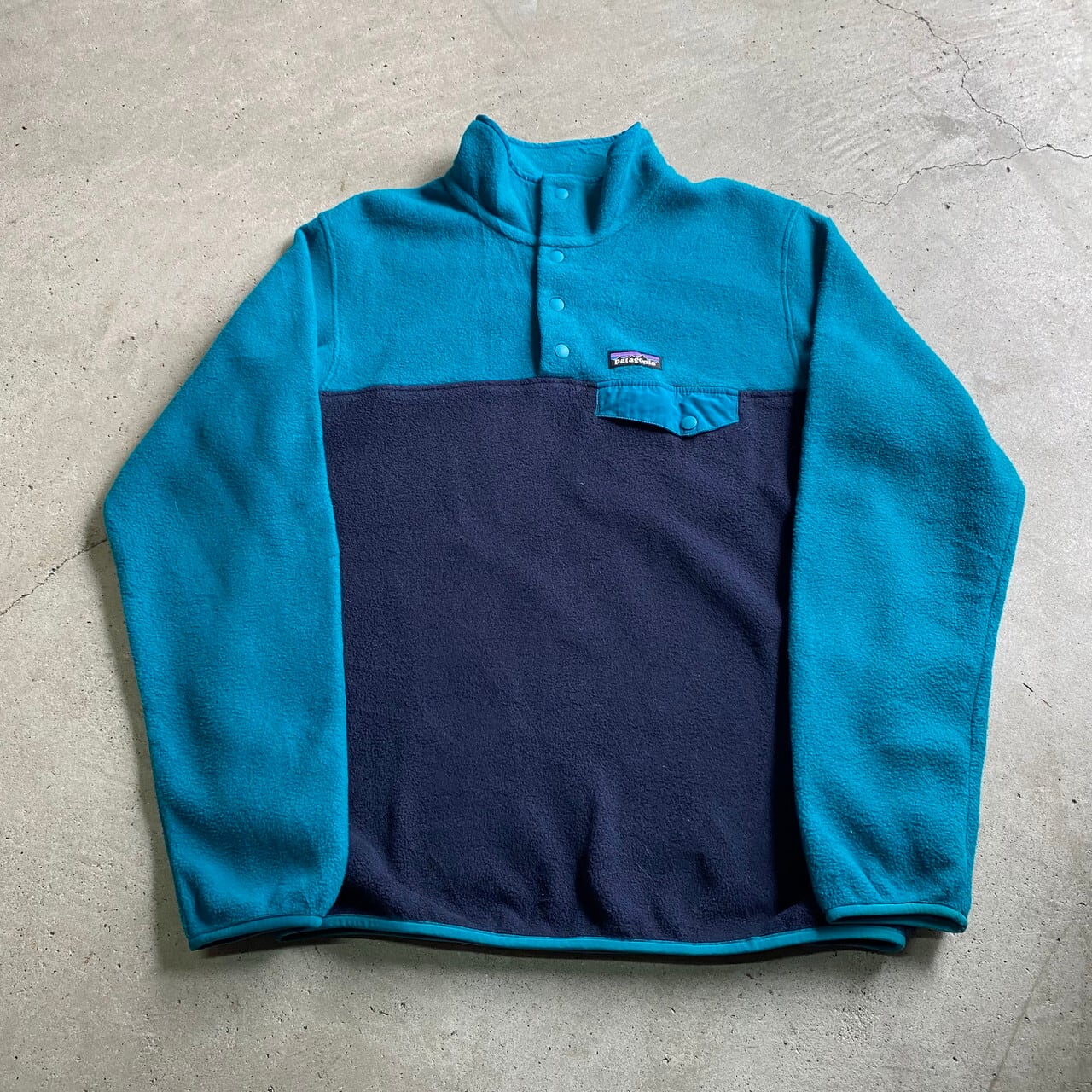 年製 バイカラー Patagonia パタゴニア SYNCHILLA シンチラ スナップT フリースプルオーバー ネイビー×ターコイズブルー  メンズM 古着 アウトドアジャケットCS   cave 古着屋公式古着通販サイト