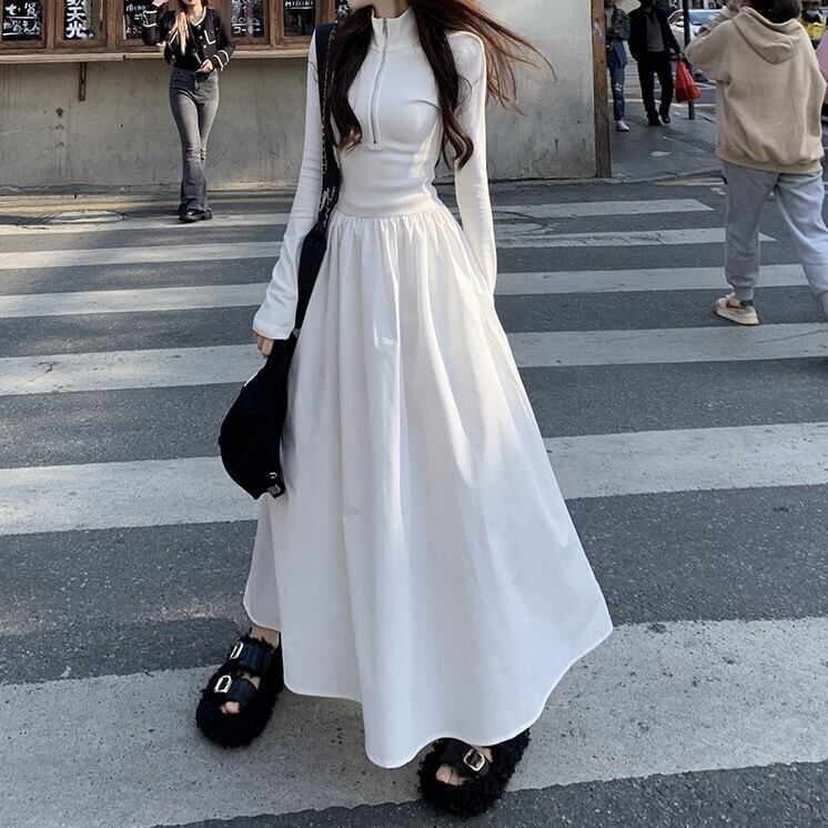 ワンピース レディース 送料無料 2色 ロングワンピース ロング ロング丈 長袖 ハーフジップ フレア かわいい 大人可愛い きれいめ カジュアル エレガント おしゃれ お洒落 かっこいい クール ナチュラル こなれ感 ラブリー キュート 抜け感 主役級 存在感 無地 学生 通学 デート お出かけ 女子会 お買い物 S M L ホワイト 白 ブラック 黒 春 10代 20代 30代 40代 韓国 韓国系 着回し 普段使い 体型カバー モテ トレンド 流行 インスタ映え