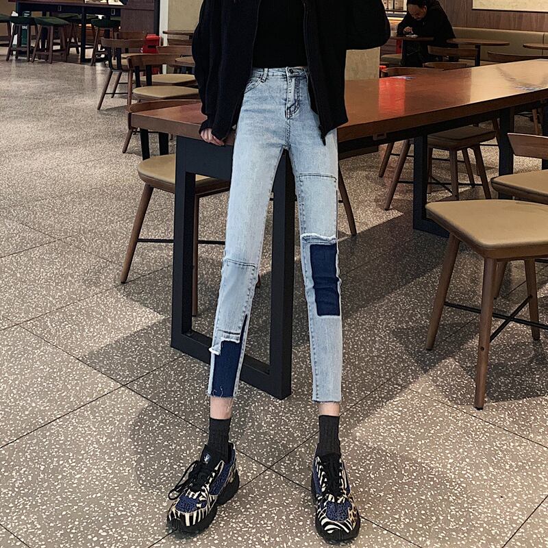 2020年初春新作イン不規則スプライシングネットレッドナインポイントペンシルパンツハイウエストスリムスリムジーンズレディース 1号婦人33903823149